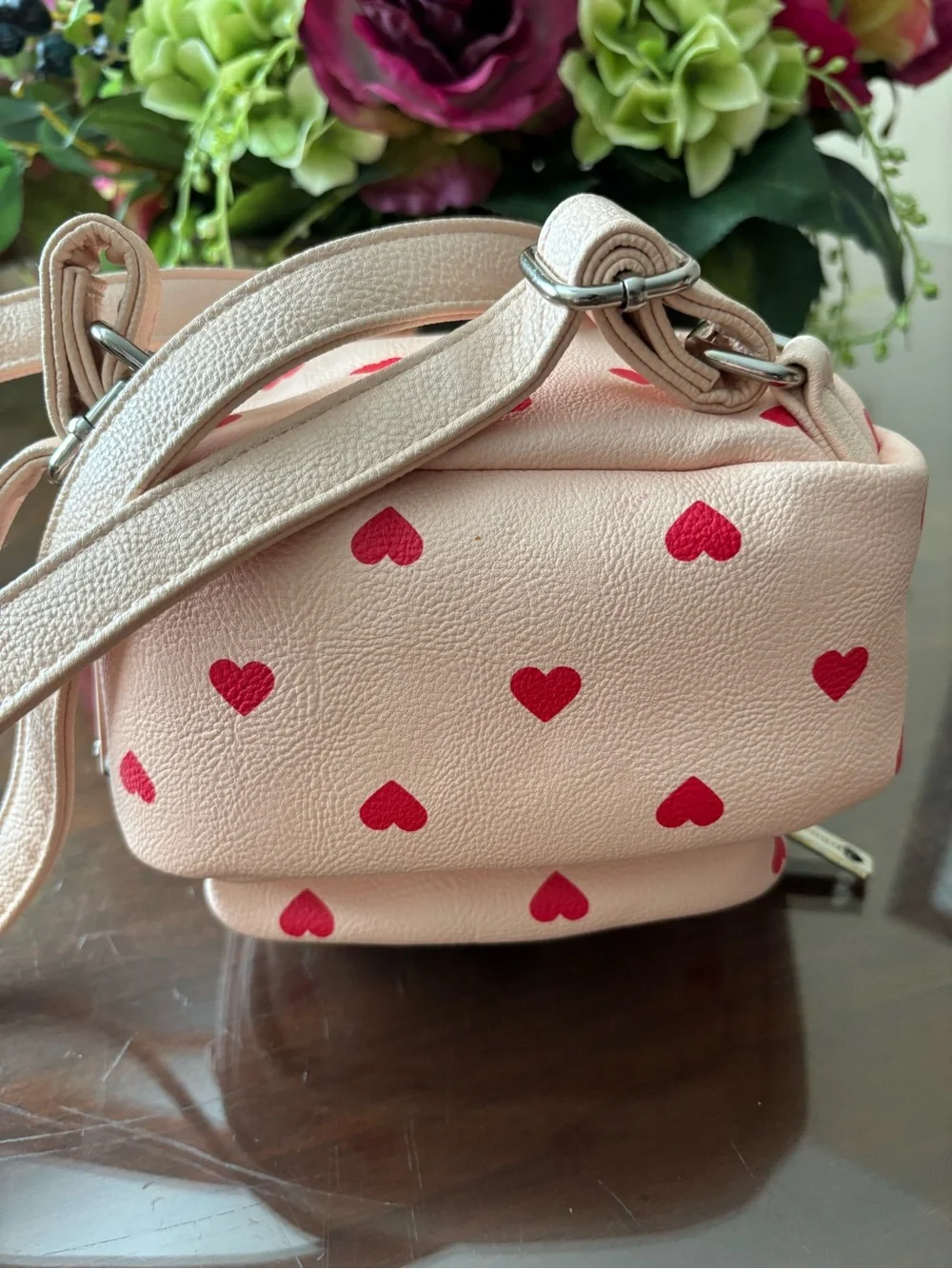 Betsey Johnson Pink Mini Puppy Backpack with Red Heart Print